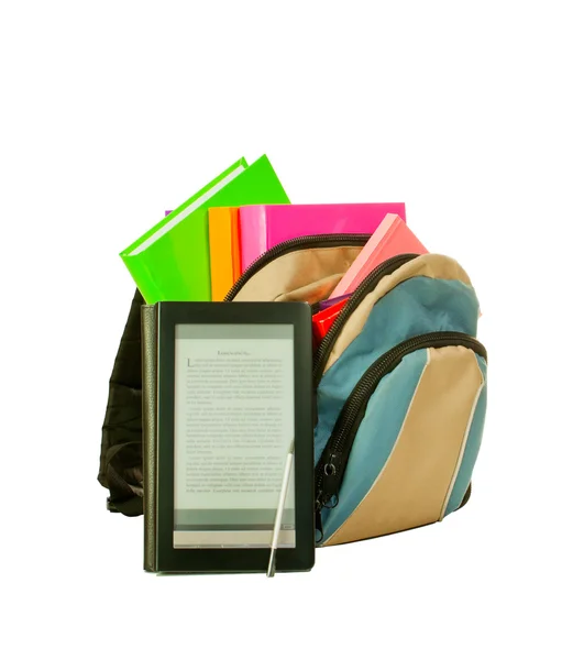Electronic book with books in backpack — Stock Photo, Image