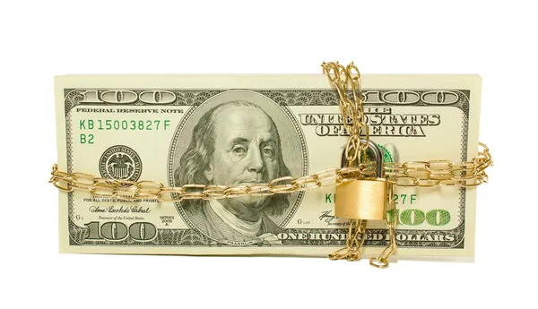Stack of US 100 dollar bills chained and locked — Stock Photo, Image