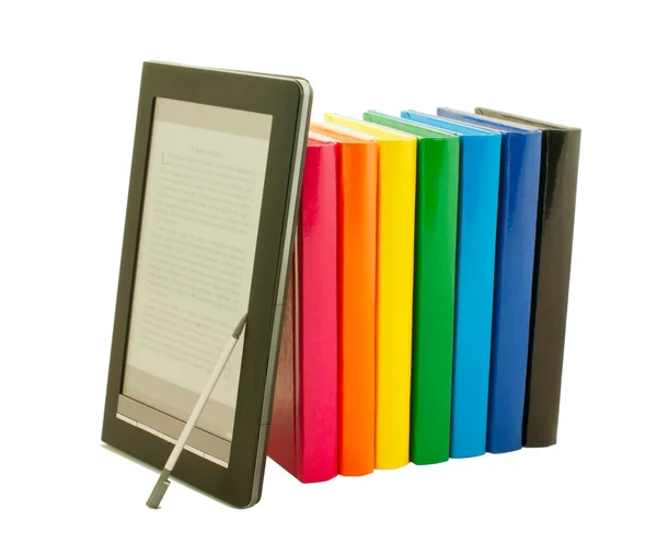 Stack of colorful books and electronic book reader — Stock Photo, Image