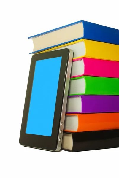 Stack of colorful books and tablet PC — Stock Photo, Image