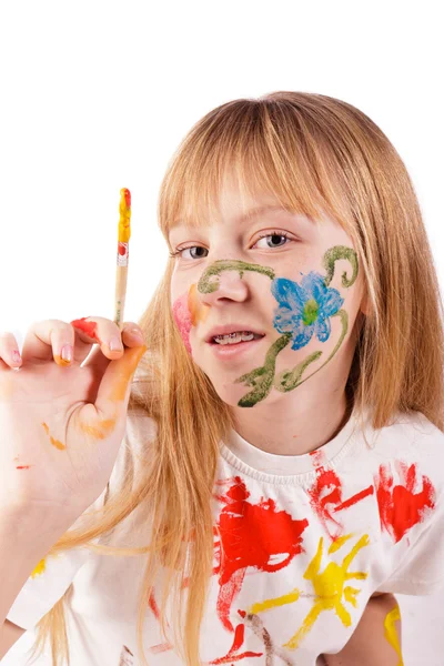 Beautiful little girl with hands painted in colorful paints — Stock Photo, Image