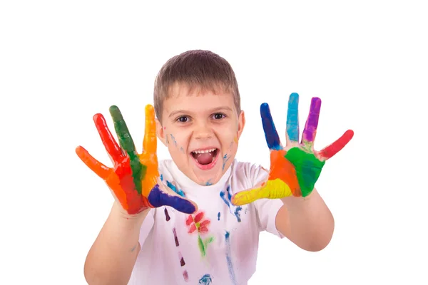 Kleiner Junge mit Händen, die mit bunten Farben bemalt sind, bereit für Handabdrücke — Stockfoto