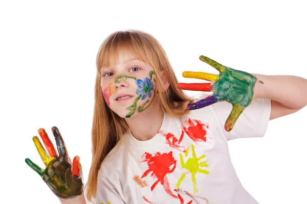 Beautiful little girl with hands painted in colorful paints — Stock Photo, Image