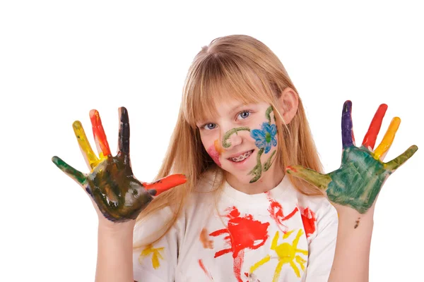 Mooi meisje met handen geschilderd in kleurrijke verf — Stockfoto