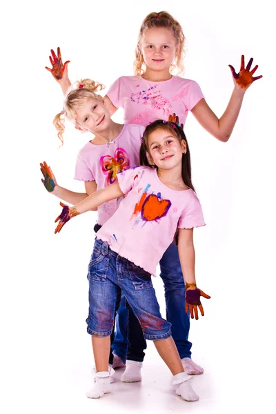Hermosas niñas pintando con sus manos — Foto de Stock