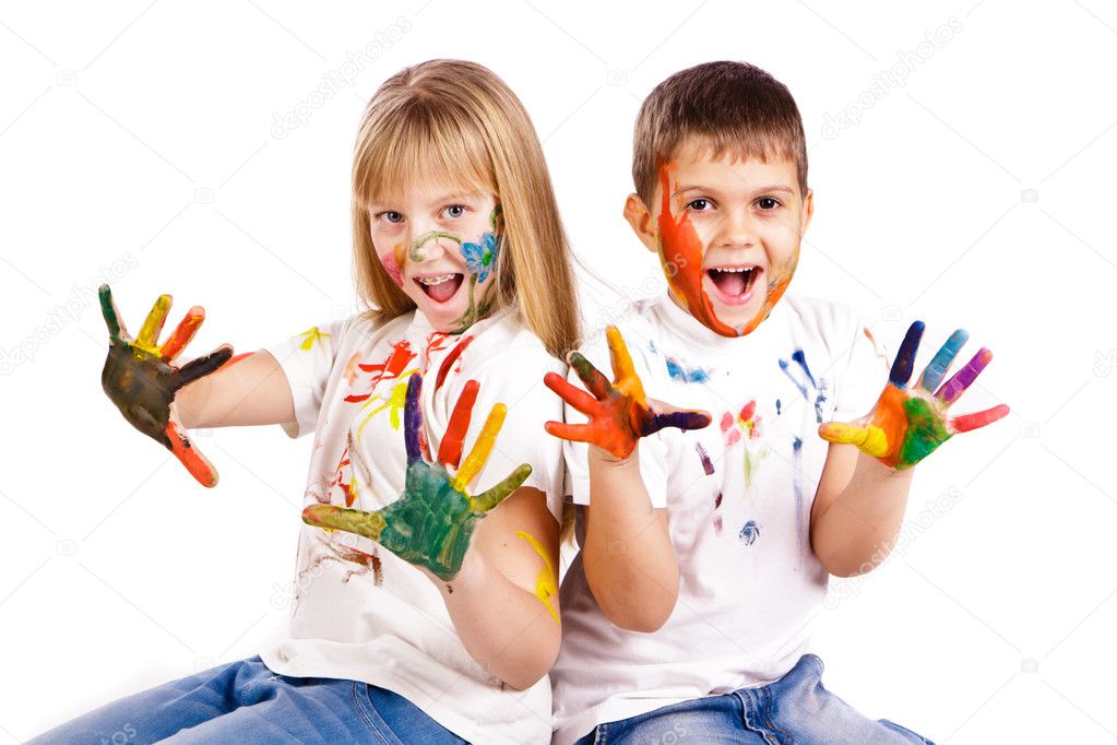 Happy kids with hands painted in colorful paints Stock Photo by ...