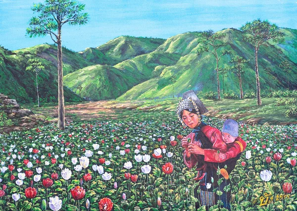 Bergfrau mit ihrem Sohn im Opiumanbau — Stockfoto