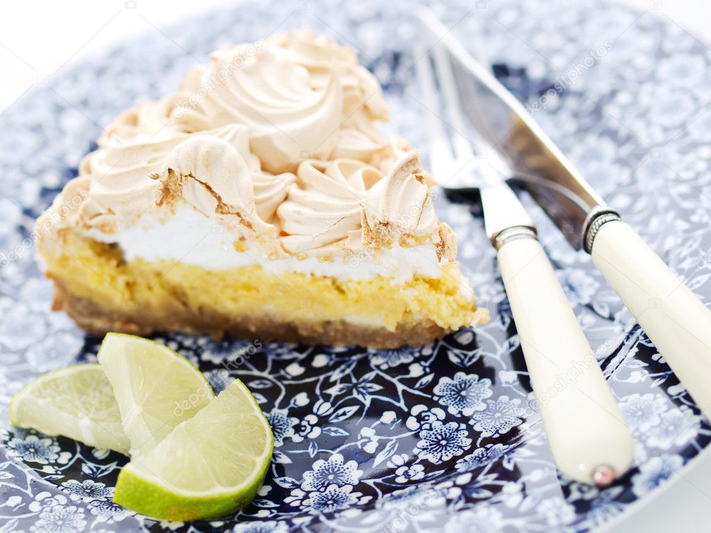 Closeup of a lemon lime pie, dessert with a lime slice