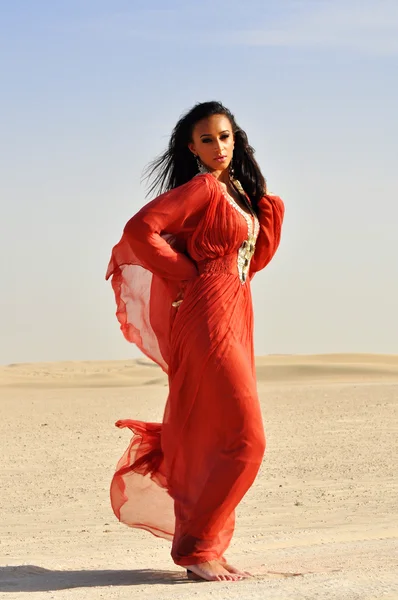 美丽的年轻女子在构成在阿拉伯沙漠上的红裙子. 免版税图库图片