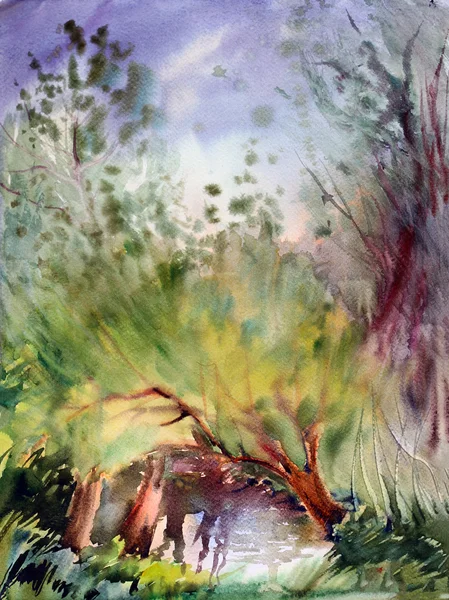 Sulu boya ile boyanmış doğal peyzaj — Stok fotoğraf