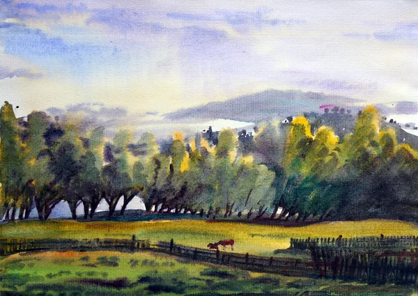 Ορεινό τοπίο ζωγραφισμένο από ακουαρέλα — Φωτογραφία Αρχείου