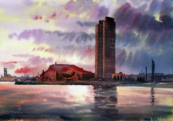 Sulu boya ile boyanmış barcelona cityscape . — Stok fotoğraf