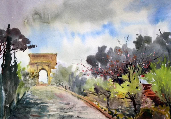 サクラと水彩で描かれたアーチのティト経由でローマ都市の景観. — ストック写真