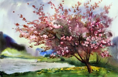 Watercolor painting landscape with blooming spring tree with flowers.