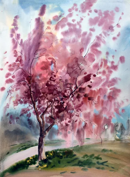 Ακουαρέλα ζωγραφική τοπίου με την ανθοφορία δέντρο με λουλούδια την άνοιξη. — Φωτογραφία Αρχείου