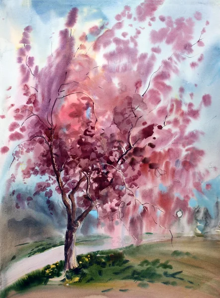 Pittura ad acquerello paesaggio con albero primaverile fiorito con fiori . — Foto Stock