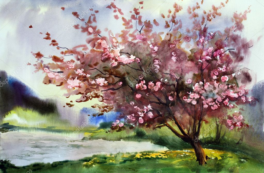 Watercolor Painting Landscape With Blooming Spring Tree With