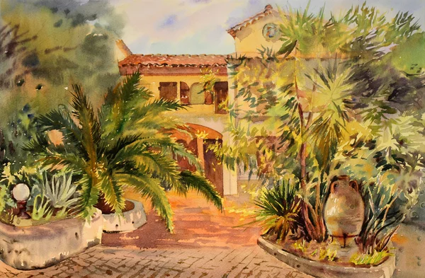 Watercolor painting of the building in St. Tropez. — Stock Photo, Image