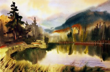 Mountain landscape with lake painted by watercolor clipart