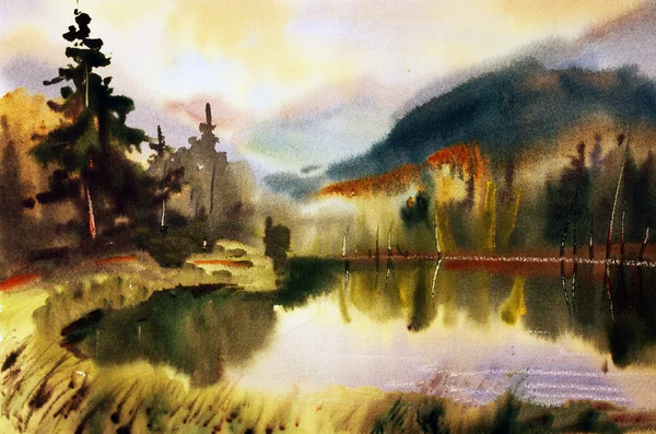 水彩で描かれた湖と山の風景 — ストック写真