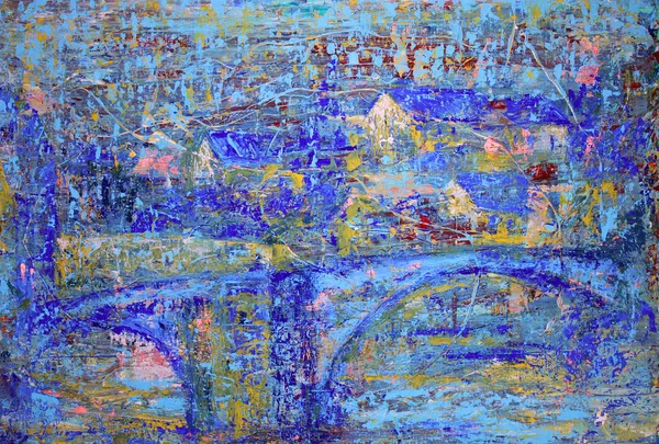 Abstracte schilderkunst met blauwe brug. — Stockfoto