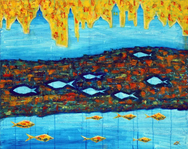 Abstrakte Malerei mit blauen Türmen und Fischen. — Stockfoto