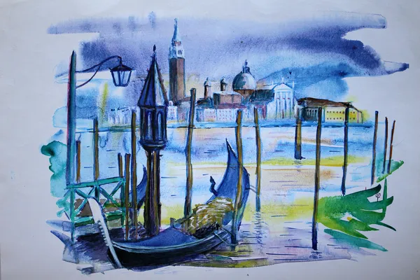 Una vista del muelle con barcos y edificios en Venecia — Foto de Stock
