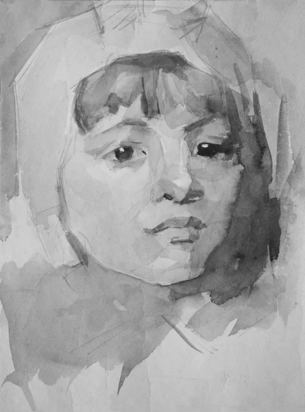 鉛筆、水彩で描かれた女の子のグラフィック肖像画 — ストック写真