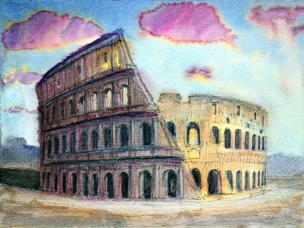 Cityscape Romawi Colosseum dicat dengan cat air — Stok Foto