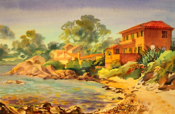 Akvarel na Azurové pobřeží, Francie. — Stock fotografie