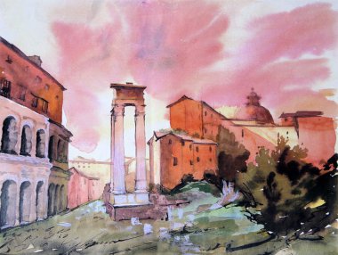 el boyalı Roma marcellus Tiyatrosu suluboya çizimi.