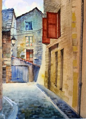 Watercolor of old street in France. clipart