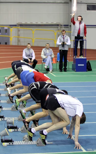 Boys on the start of the 60 meters dash — Stock Photo, Image