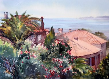 Watercolor painting of the Cote d'Azur, France. clipart