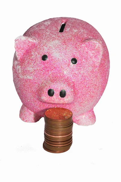 Piggy bank med mønter - Stock-foto