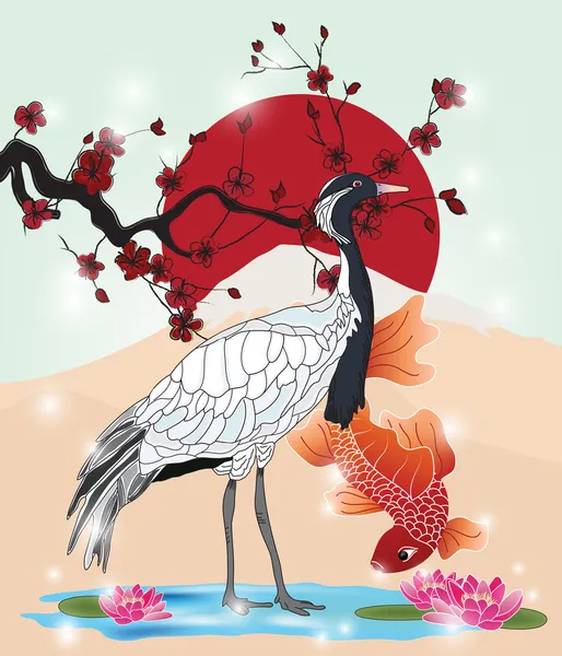 Oriental picture withcrane and koi — Stock Vector