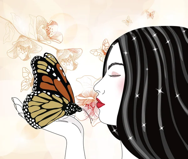 Portrait romantique d'une femme avec un gros papillon — Image vectorielle
