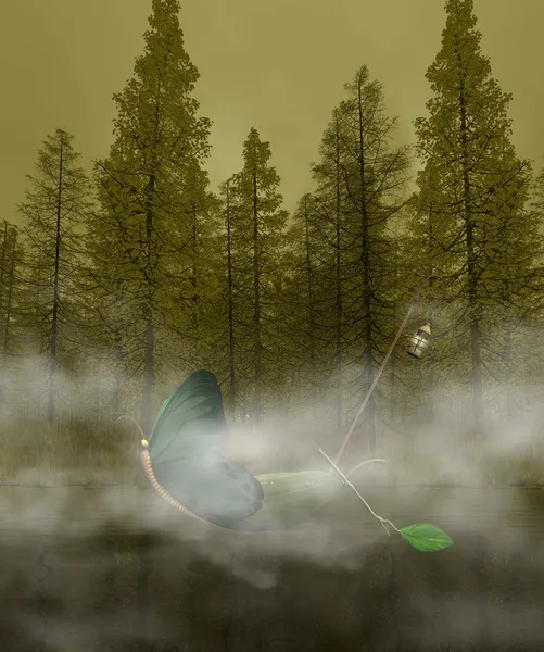 Fantezi tekne ile mistik göl — Stok fotoğraf