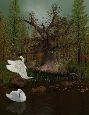 Lake with oak and swans clipart