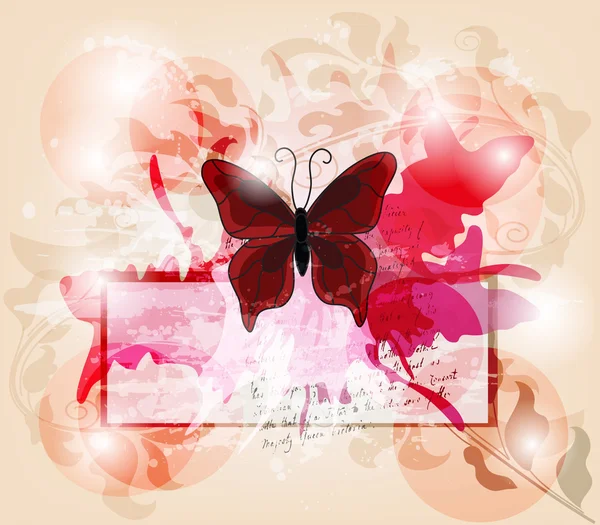 Tarjeta de invitación Grunge con mariposa grande y juegos ligeros — Archivo Imágenes Vectoriales