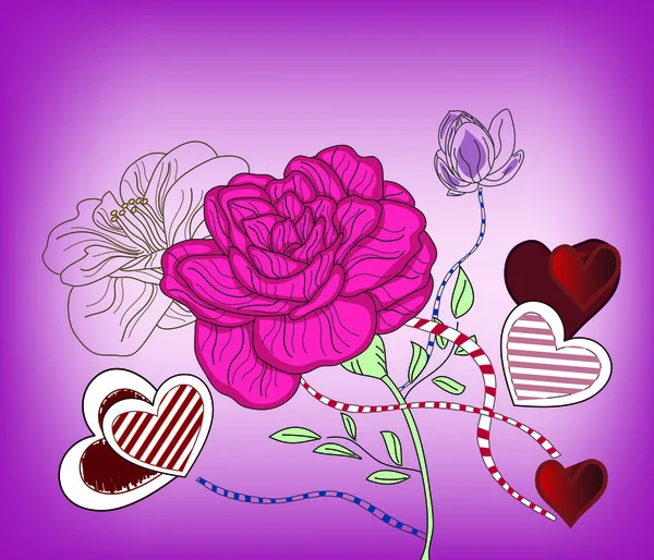 Miłość skład z duża róża i serca — Wektor stockowy