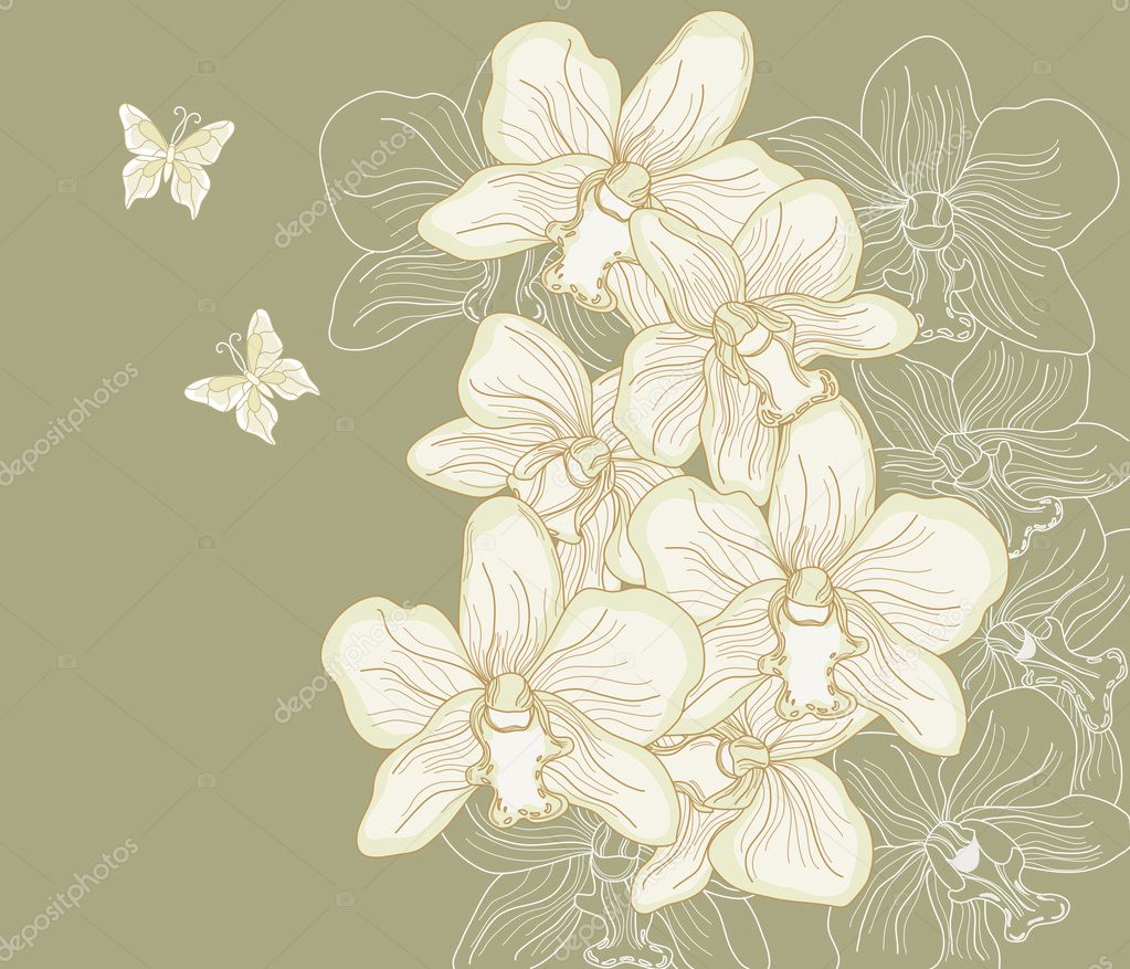 Hand drawn orchid composition on a dark background