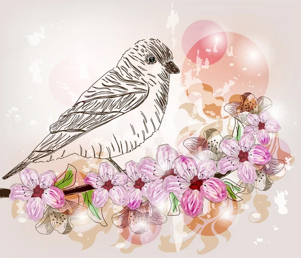 Καλλιτεχνική άνθη υποκατάστημα με πουλί — Διανυσματικό Αρχείο