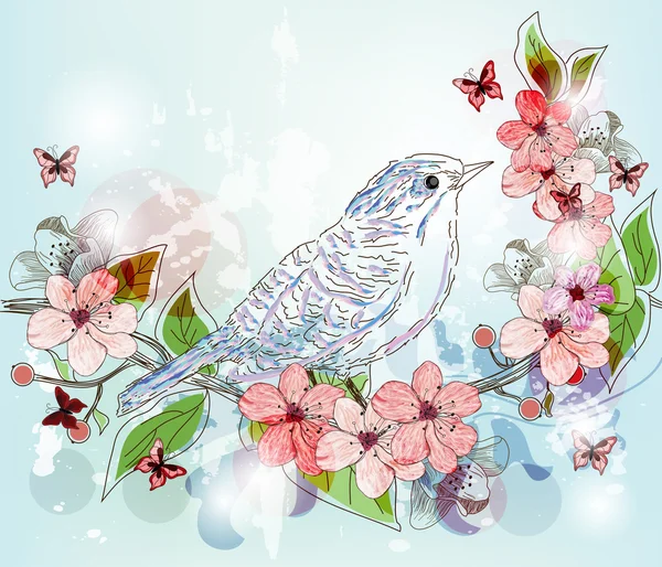 Paysage de printemps dessiné à la main entièrement décoré — Image vectorielle