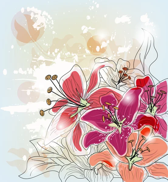 Postkarte mit handgezeichneten künstlerischen Lilien — Stockvektor