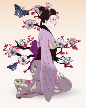 Beautiful geisha in a japanese garden clipart