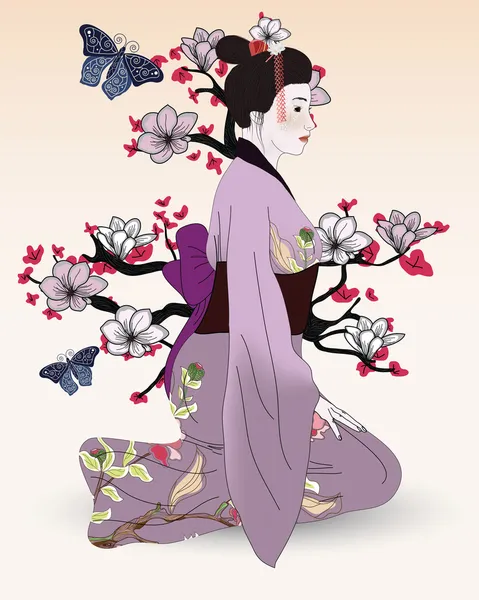 Beautiful geisha in a japanese garden — Stock Vector