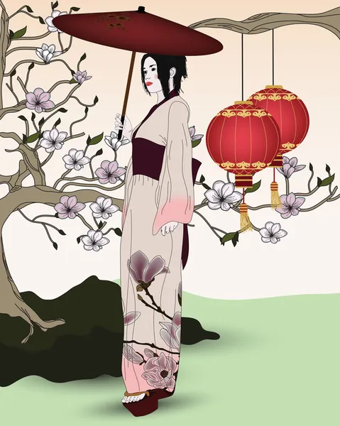 Beautiful geisha walks in an oriental garden — Stock Vector