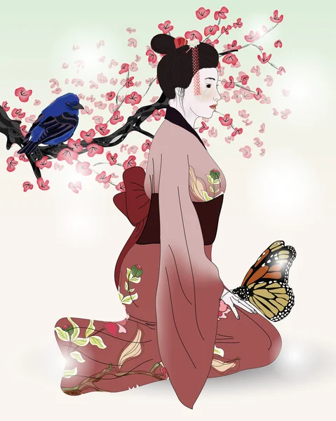 艺伎与鸟和蝴蝶的美丽图片 — 图库矢量图片