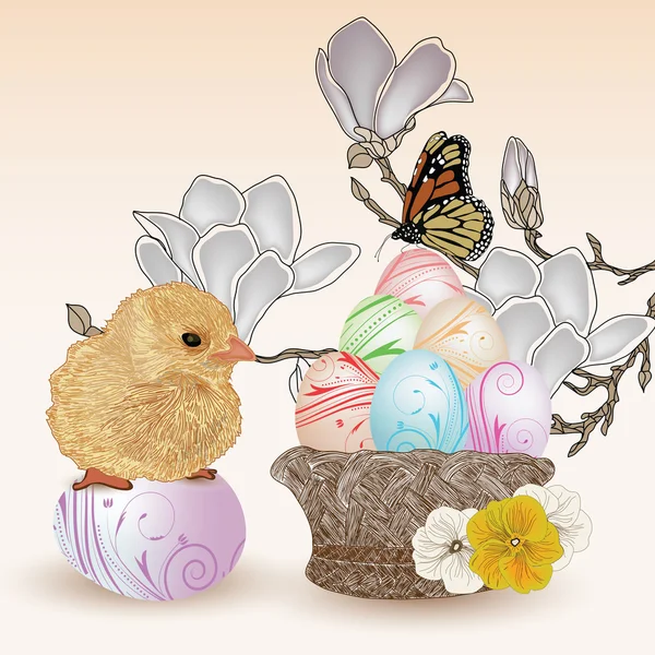 Composición de Pascua con pollitos y huevos de Pascua — Vector de stock